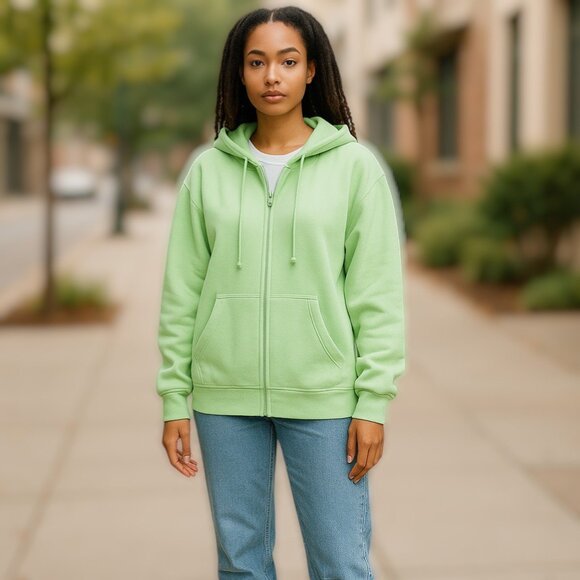 TNA Aritzia Cozy AF Fleece Lime Green Oversized Full Zip up Hoodie Size 2 or S/M - Picture 1 of 14